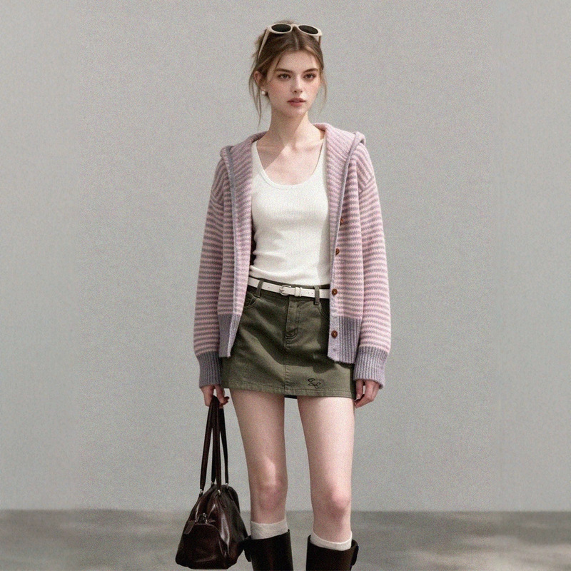 Casual and Relaxed Style Color-Block Striped Hooded Knit Cardigan for Women, Autumn and Winter Korean Style Soft Versatile Short Sweater Coat Casual and Relaxed Style Color-Block Striped Hooded Knit Cardigan for Women, Autumn and Winter Korean Style Soft Versatile Short Sweater Coat