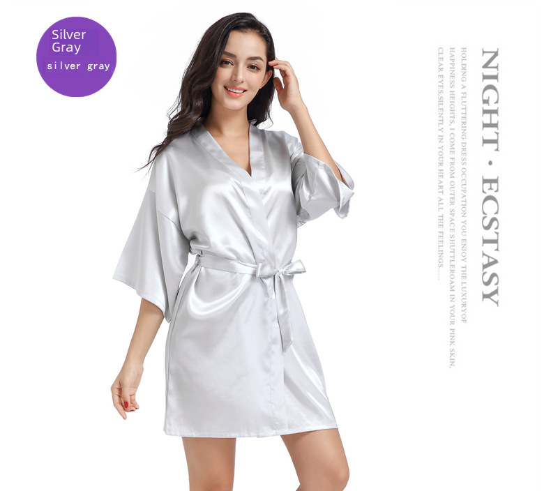 Cross-border Women's Twisted Sade Nightgown Bathrobe Solid Color Glossy Summer Thin Sexy Short Cardigan Gown_voghion.com