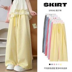 コントラストカラーチェック柄パンツドーパミンテクスチャーチェック柄パンツレディースサマーチェック柄ワイドレッグパンツカジュアルレイジーストレートワイドレッグパンツ