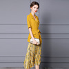 Two piece yellow short sleeve suit with high waist Satin print pleated skirt