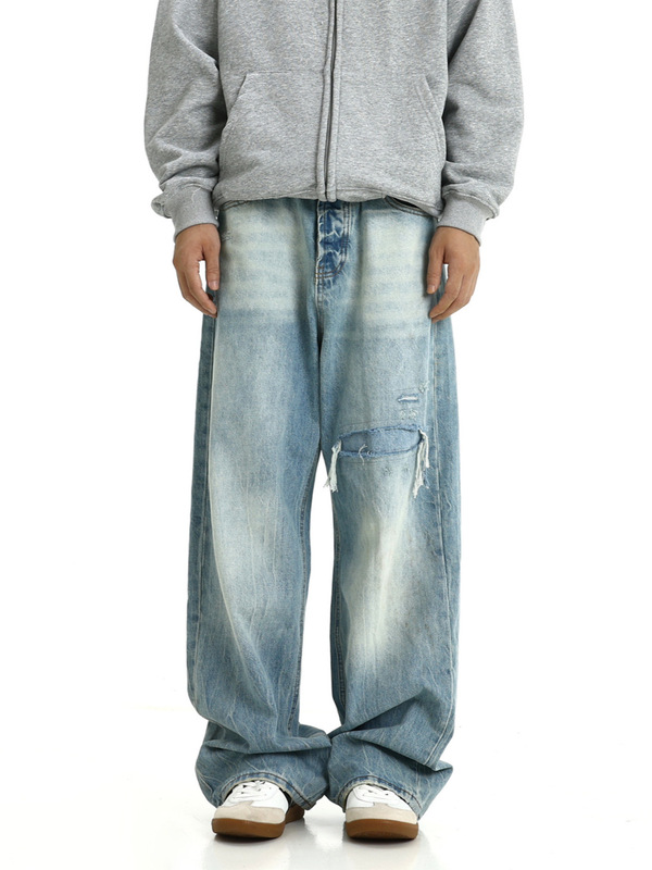 American Vintage Ice Blue Straight Jeans 2024 Summer New vintage Washed Wear Loose Pants