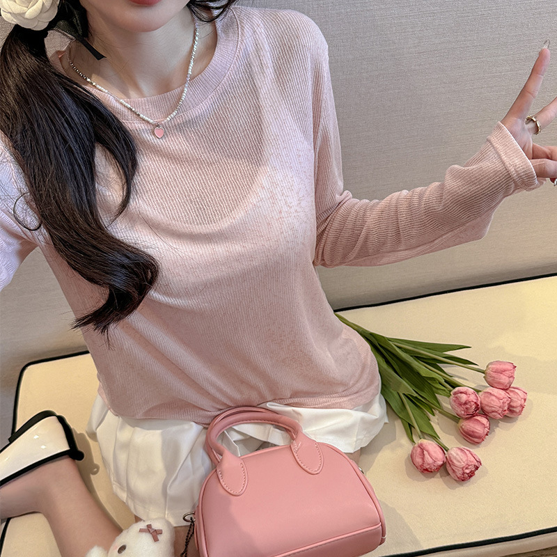 엄밀히 선정 된 여름 둥근 목 순수한 욕망 바람에 침투하는 선 스크린 느슨한 블라우스 여성의 슬림 핏 슬리밍 에어컨 셔츠 기본 탑