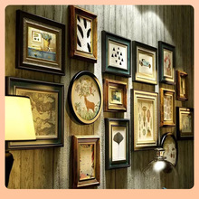 复古照片墙实木相框墙组合客厅免打孔装饰画框挂墙美式做旧背