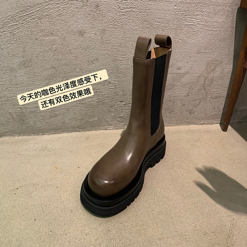 牛皮版~葡萄妈同款中筒切尔西靴烟筒靴子厚底增高短靴秋冬马丁靴|undefined