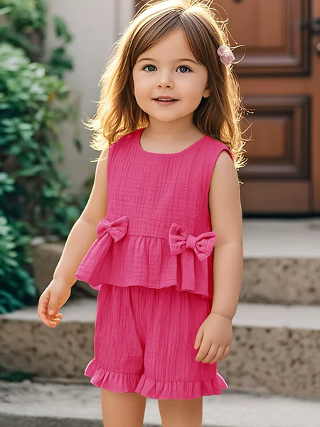Cross-Border New Summer Girls Sweet Suit Bow Pure Cotton Vest Shorts Comfortable and Soft Sleeveless Baby Girl