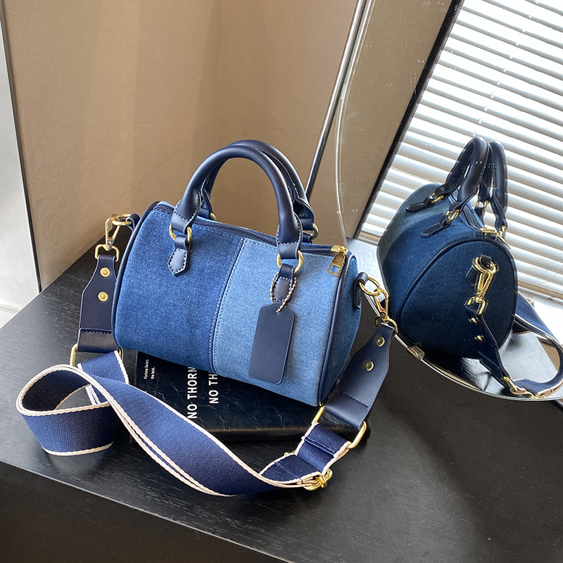 Bolso de Boston para mujeres de comercio exterior nuevo denim color contrastante empalme bolso de almohada de mano alta sensación de hombro mochila