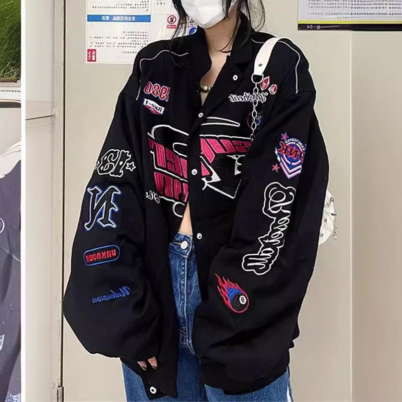 American baseball uniform women's autumn and winter Hong Kong style motorcycle flight suit embroidered jacket loose vintage quilted jacket trendy ins