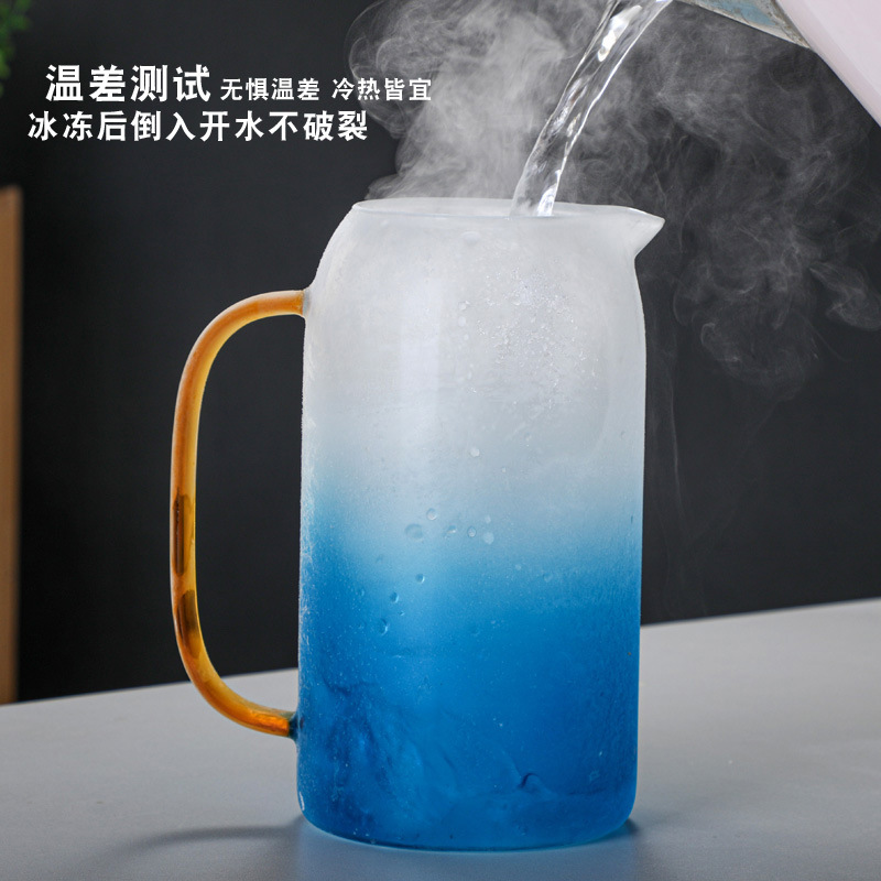 Botella de agua fría vidrio de borosilicato taza de agua hogar olla de mármol de estilo europeo gradiente de color azul mango de gran diámetro botella de agua fría