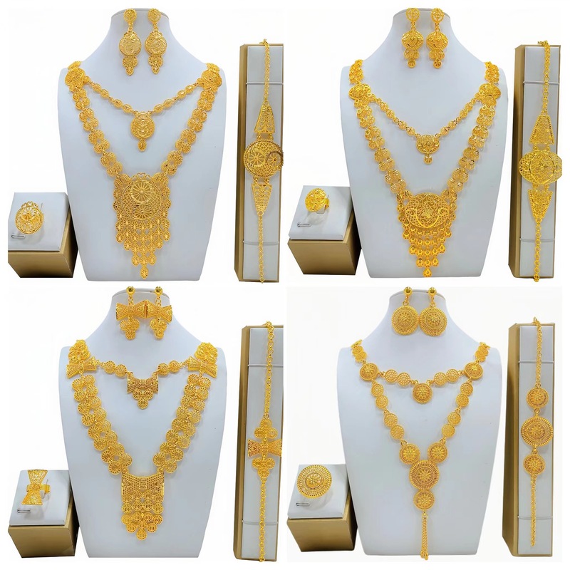Hot-Selling Recommended Dubai 24K Gold Women's Jewelry Set Middle Eastern Bridal Necklace Earrings Ring Bracelet Four-Piece Set