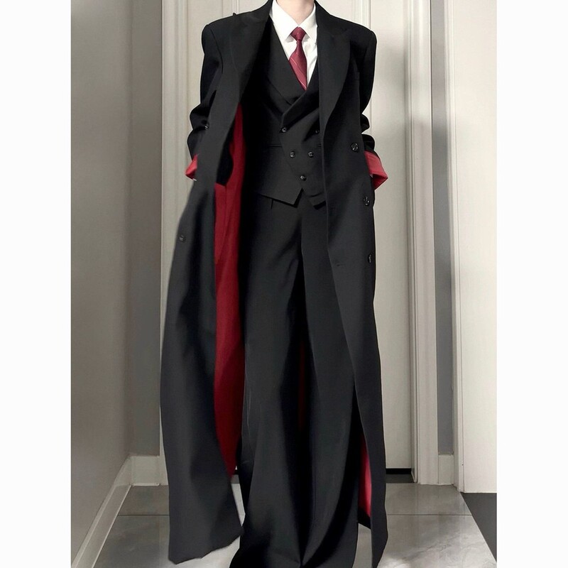 Black 2026 Ken Trench Coat for Men, British Style, High-End Suit Collar Jacket, Black and Red Color-Blocking, Long Waist-Cinching Coat Black 2026 Ken Trench Coat for Men, British Style, High-End Suit Collar Jacket, Black and Red Color-Blocking, Long Waist-Cinching Coat