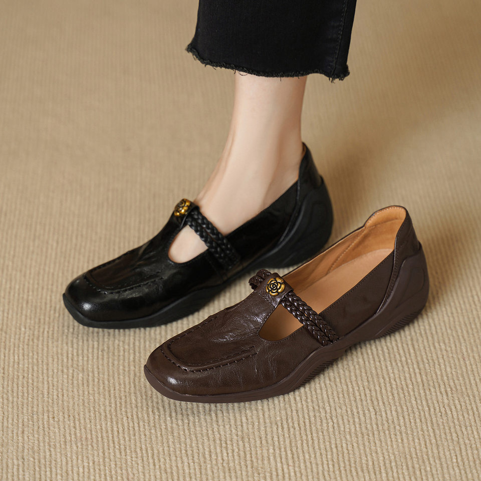Giày Mary Jane nữ da cừu dệt vintage đế bệt gót thấp quai ngang khóa T — màu nâu