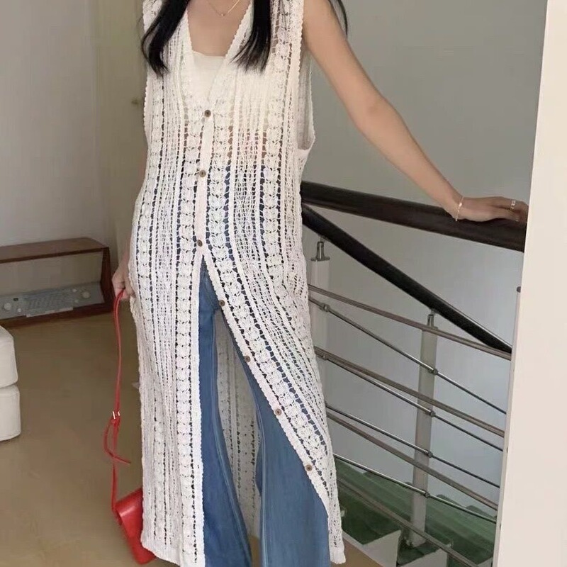 Korean-Style Design Knitted Crochet Hollow-Out Vest, Slimming and Figure-Flattering, Long Commuter Outerwear Cardigan for Women, New Chinese Style Korean-Style Design Knitted Crochet Hollow-Out Vest, Slimming and Figure-Flattering, Long Commuter Outerwear Cardigan for Women, New Chinese Style