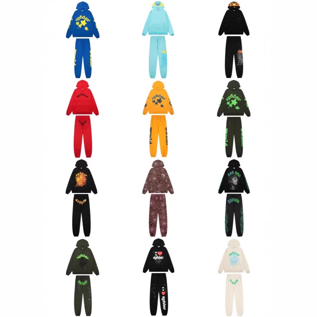 Cross-Border High-Quality Sp5Der American Fashion High Street Foam Print Rhinestone Spider Web Set Hooded Jacket Sweatshirt