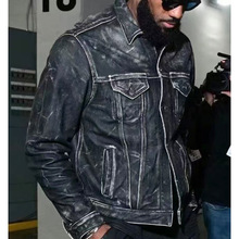 重水洗牛仔蓝色真皮皮衣男翻领多兜牛皮夹克