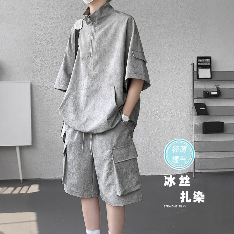 Summer Sports Suit Men's Half-Zip Tie-Dye Ice Silk Short-Sleeved Shorts Youth Workwear Casual Matching Two-Piece Set