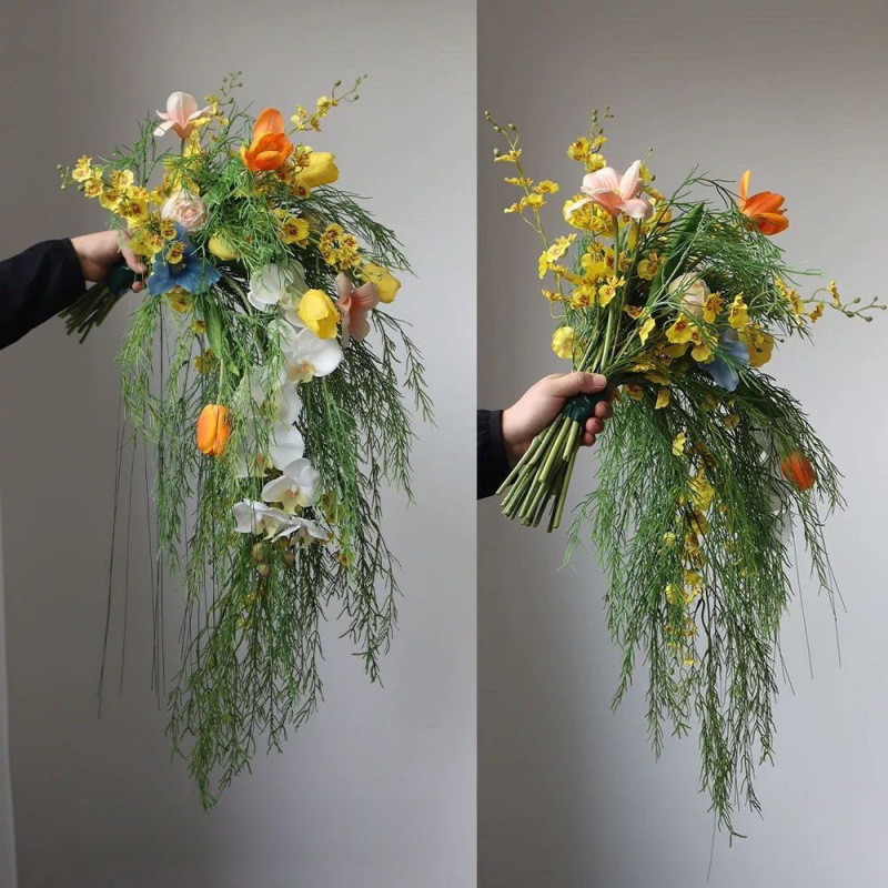 造花、スズラン、水滴、大きな手持ち花束、森の緑の葉、滝型花束、写真スタジオ、旅行写真、屋外花撮影|undefined