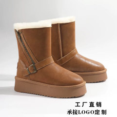 真皮雪地靴女高筒新冬ベルベット保温中筒滑り止め耐寒ファスナー女綿靴