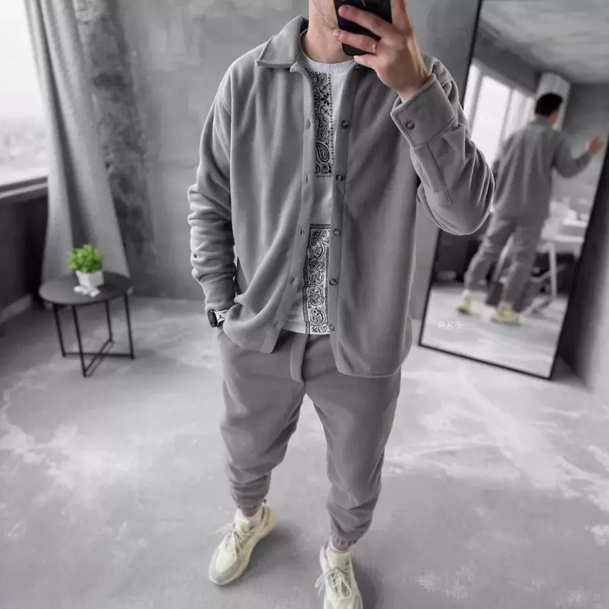 2025秋冬新款男士绒面排扣开衫长裤休闲两件套纯色翻领潮流百搭套