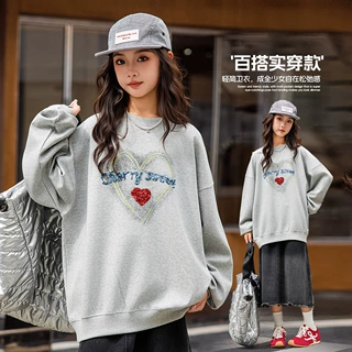 女大童美式圆领卫衣慵懒风2026秋季新款爱心印花初中生休闲上衣潮
