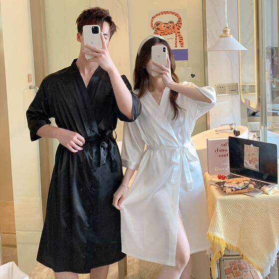 White Couple's Nightgown Women's Spring and Summer Ice Silk Lace-up Bathrobe Thin Hotel Style plus size for Men and Women's Home
