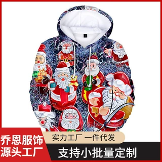 跨境外贸数码印花男士连帽卫衣圣诞节狂欢圣诞休闲连帽衫定 制