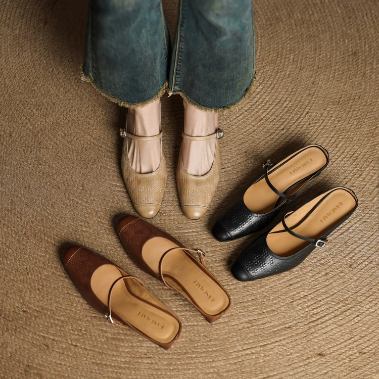 Кожаная пуговица с полутапочками женская наружная винтажная летняя обувь Мюллер на толстом каблуке тканые холодные тапочки