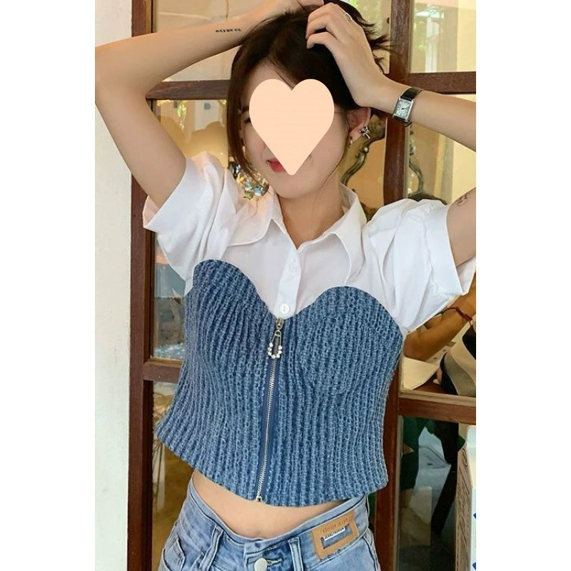 Джинсовая рубашка с пэчворком, женская дизайнерская ниша, весна-лето 2025, новая французская ретро-модель, тонкий приталенный топ с короткими рукавами