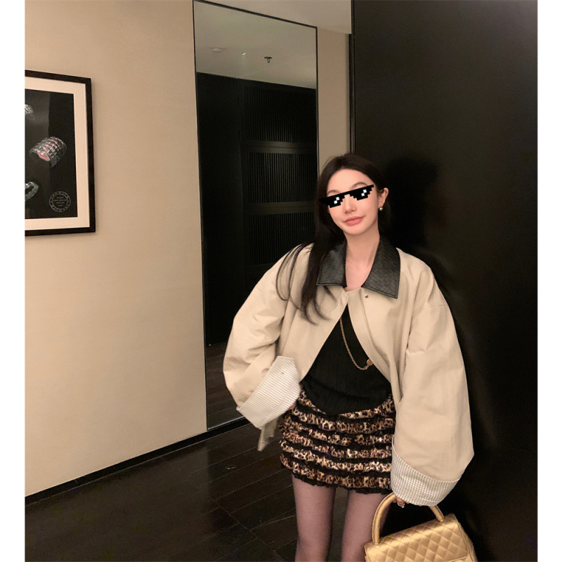 区区欧阳 翻领工装外套女秋季新款美式复古休闲宽松拼接夹克上衣|undefined