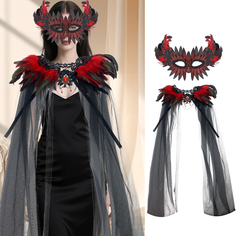 Halloween nuevo estilo gótico pluma encaje decoración chal de cuero pluma máscara de diamante COS accesorios de vestir
