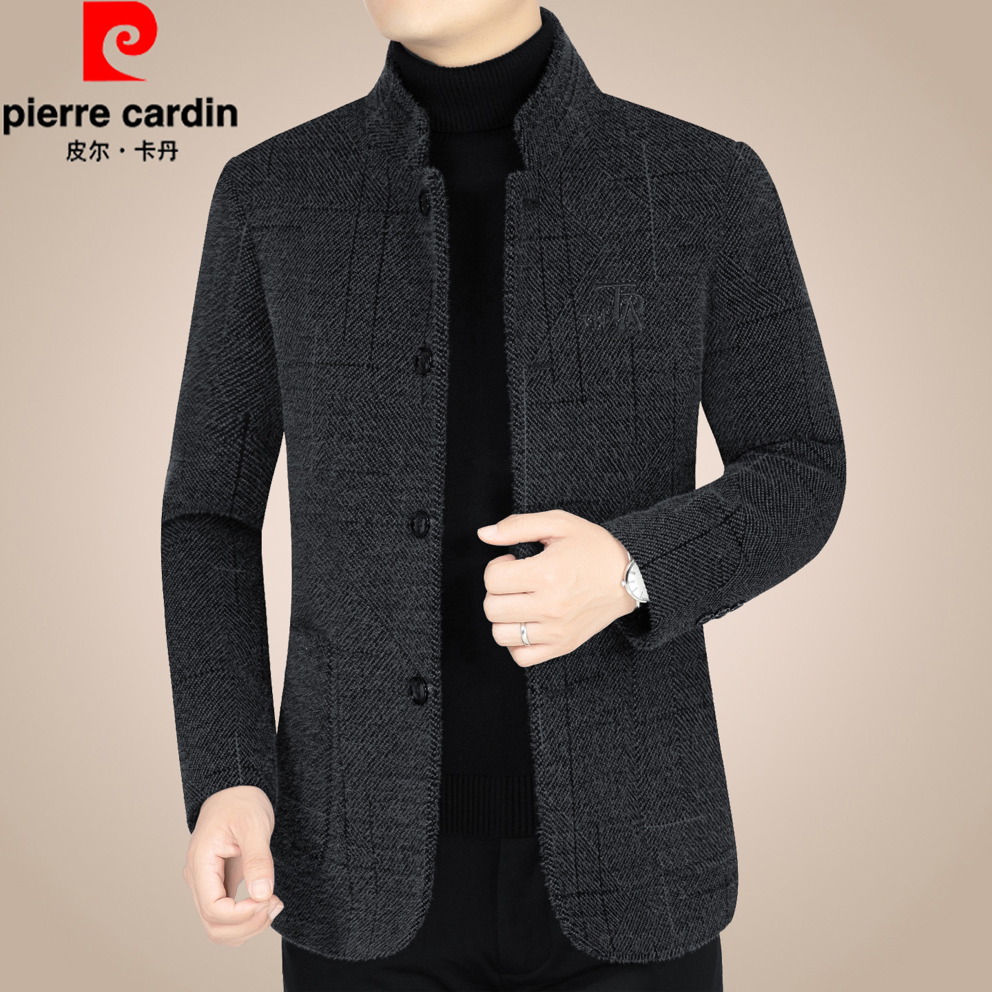 Autumn and Winter New Pierre Cardin Casual Middle-Aged Men's Jacket Woolen Coat with Fleece Thickened Dad's Men's Clothing