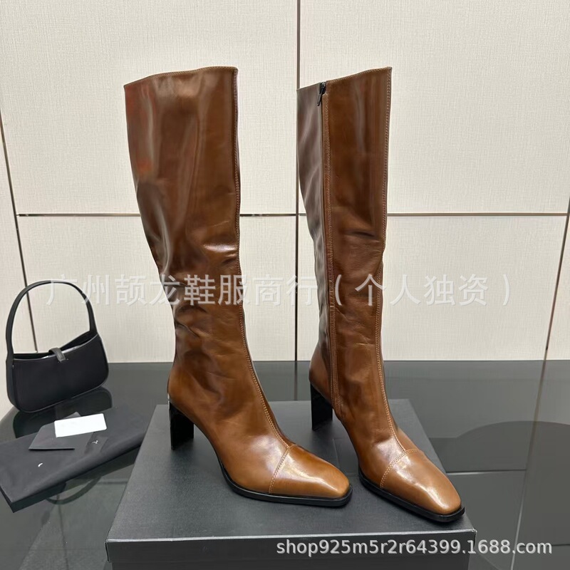 高端2025秋冬真皮方头复古粗高跟侧拉链高筒显瘦骑士靴不过膝长靴|undefined