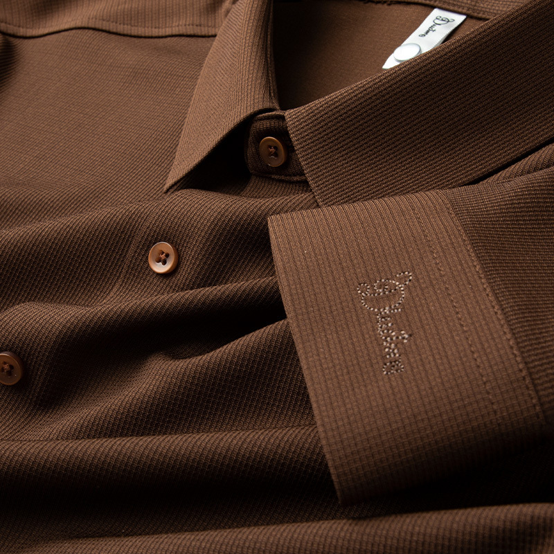 Trendy Brown Men's Shirt, Long-Sleeved, Spring and Autumn 2026 New Style, Business Casual, Slim Fit, Drapey, High-End Men's Clothing