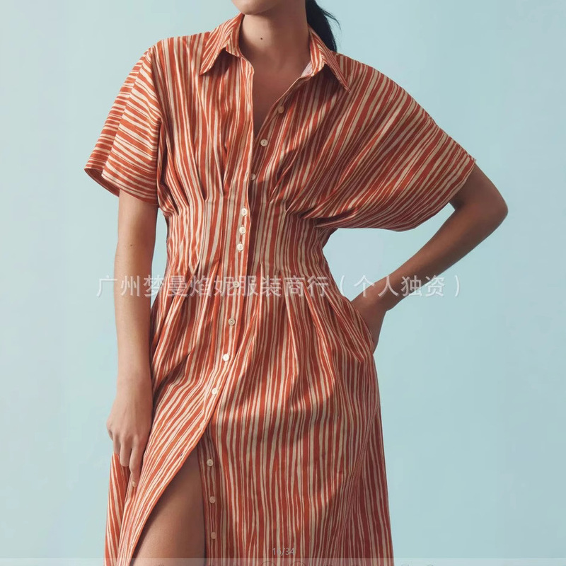 Amazon Cross-border 2025 New Shirt Casual Korean All-match Striped Pocket Pleated Waist Slimming Long Dress for Women