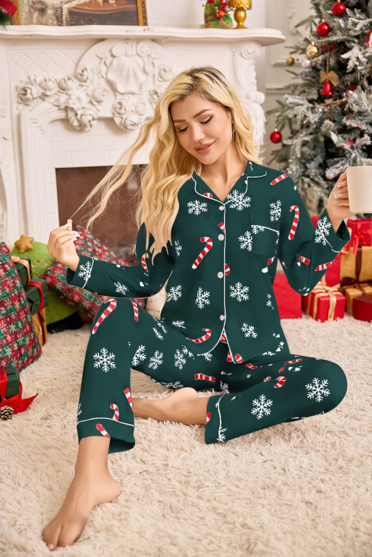 アマゾンヨーロッパとアメリカンスタイルのクリスマス新年ホリデーパジャマ女性のラペルカーディガン長袖ズボンホームウェアスーツ女性|undefined