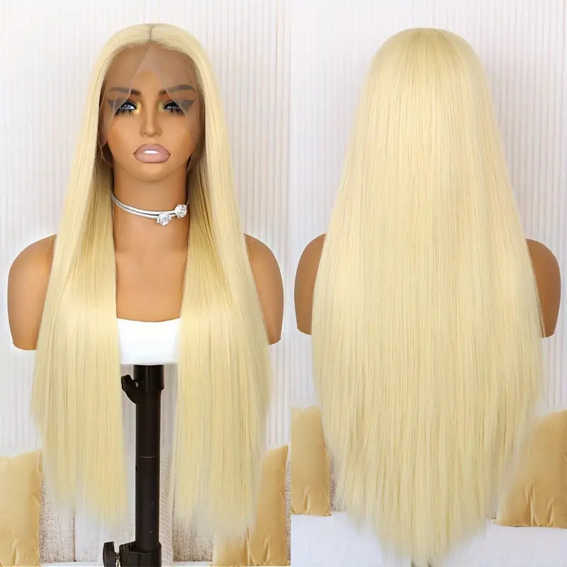 Ventas transfronterizas calientes frente al encaje pelucas de cabello largo recto de fibra química cubierta de cabello natural pelucas flojas fábrica al por mayor en stock