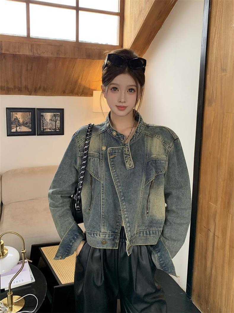 Kurtka motocyklowa dla chłopca ze stójką i dżinsowym kołnierzem, jesień 2025, nowa, unikatowa, zapinana na zamek, luźna, krótka bluzka w stylu retro_voghion.com