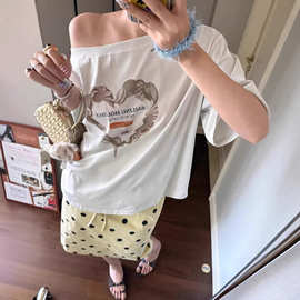 纯欲辣妹短袖t恤女2026新款夏季复古海螺爱心印花斜肩宽松T恤女
