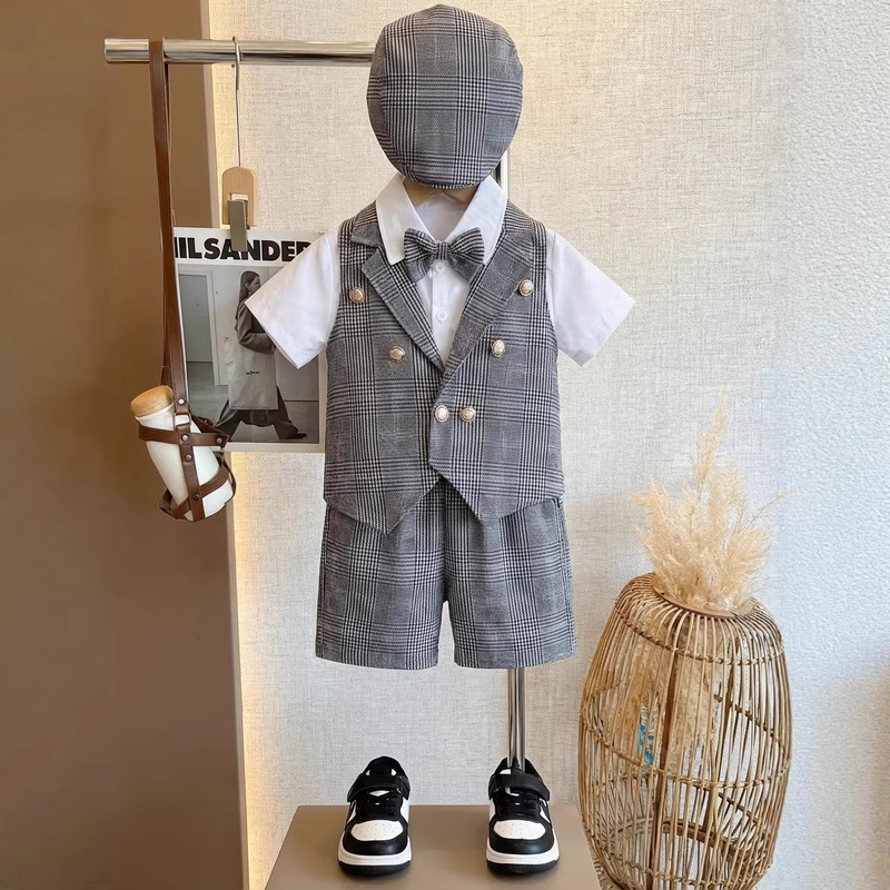 Cross-Border Boys' Formal Wear Plaid Vest Set Children's Performance Suit Piano Host Performance Outfit Birthday Suit