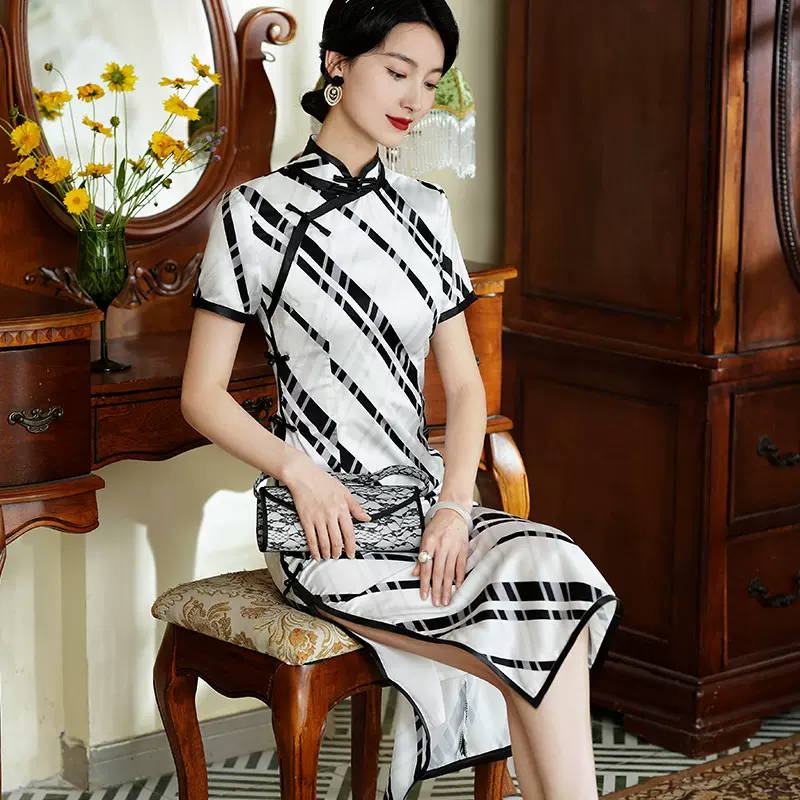 时尚改良新中式长款旗袍2023夏新款年轻款女士日常连衣裙一件代发