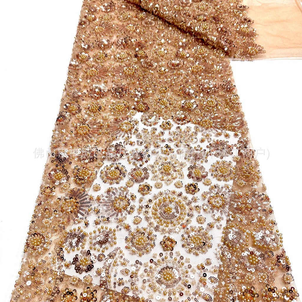 Redondo sol sequin clavado tela de malla de perlas vestido de boda de estilo nacional vestido de tela de banquete en stock