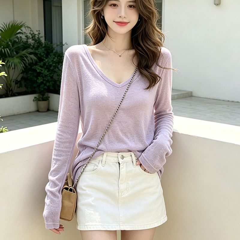 Bamboo ribbed fabric, new purple semi-transparent V-neck long-sleeve T-shirt blouse, pure and sexy top for hot girls, summer sun protection thin style Bamboo ribbed fabric, new purple semi-transparent V-neck long-sleeve T-shirt blouse, pure and sexy top for hot girls, summer sun protection thin style