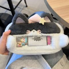 眠い帽子ピンク子猫ぬいぐるみペンバッグインかわいい大容量化粧品バッグ学生文具バッグ痛バッグペン