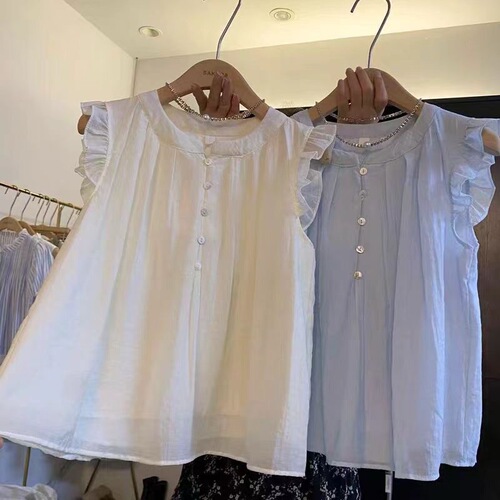 Korean-style niche blue women's summer lazy wood ear edge sleeveless blouse French round collar pleated small flying sleeve top