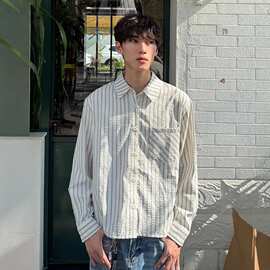 肌理感条纹泡泡纱长袖衬衫男春秋穿搭慵懒松弛感宽松防晒衬衣外套