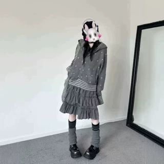连帽波点针织开衫少女秋季新款宽松慵懒风灰色毛衣外套长袖上衣女