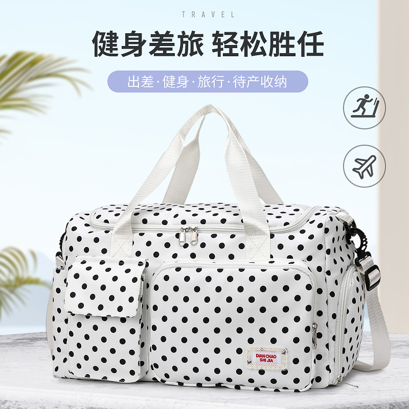 Cross-border large-capacity travel bag for short trips, hand luggage for women, can be attached to a trolley, polka dot storage bag