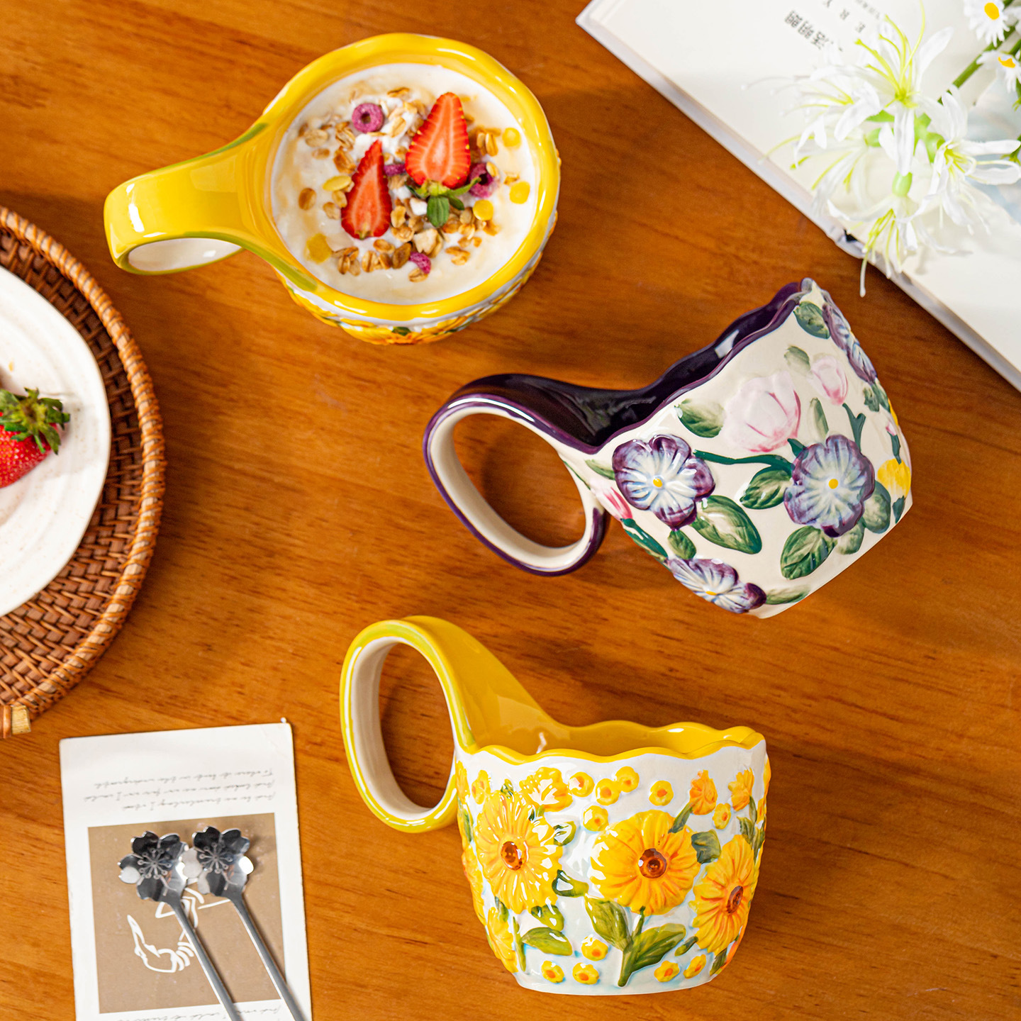 Taza de relieve, taza pintada a mano, taza de cerámica, regalo, taza de agua roja, taza de café, taza de desayuno, taza de alto valor facial