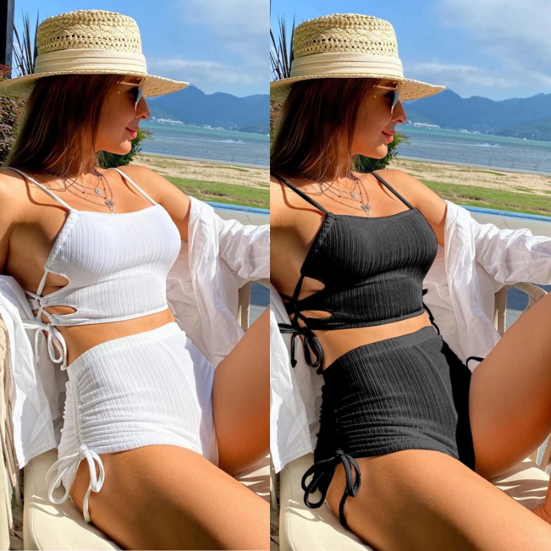 European and American Cross-Border Amazon Split Bikini Two-Piece Swimsuit Female Sexy Solid Color Lace-Up High-Waisted Swimsuit