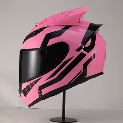 Foreign Trade Motorcycle Helmet with Horns, Full-Face Helmet for Men and Women, Safe for All Seasons, Rider Electric Vehicle Helmet, Dropshipping (Motorcycle Safety Supplies) - foreign-trade-model-pink-with-horns-3m-adhesive-black-mirror-s