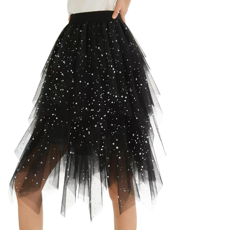 Cross-Border Mesh Sequin Skirt, Tulle Skirt, Puffy Skirt, Star Mesh Skirt, Tutu Skirt, Irregular Mid-Length Tulle Skirt